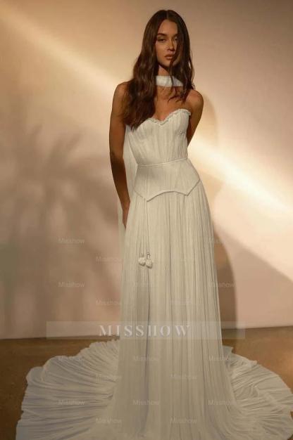 Chiffon Strapless Sleeveless Long Formal Dress With Belt Ruffles