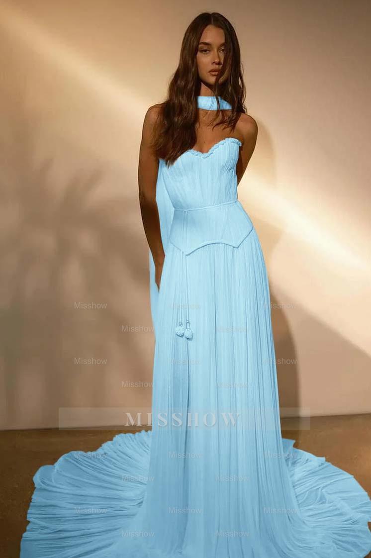 Chiffon Strapless Sleeveless Long Formal Dress With Belt Ruffles