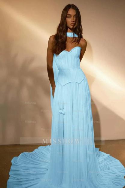 Chiffon Strapless Sleeveless Long Formal Dress With Belt Ruffles