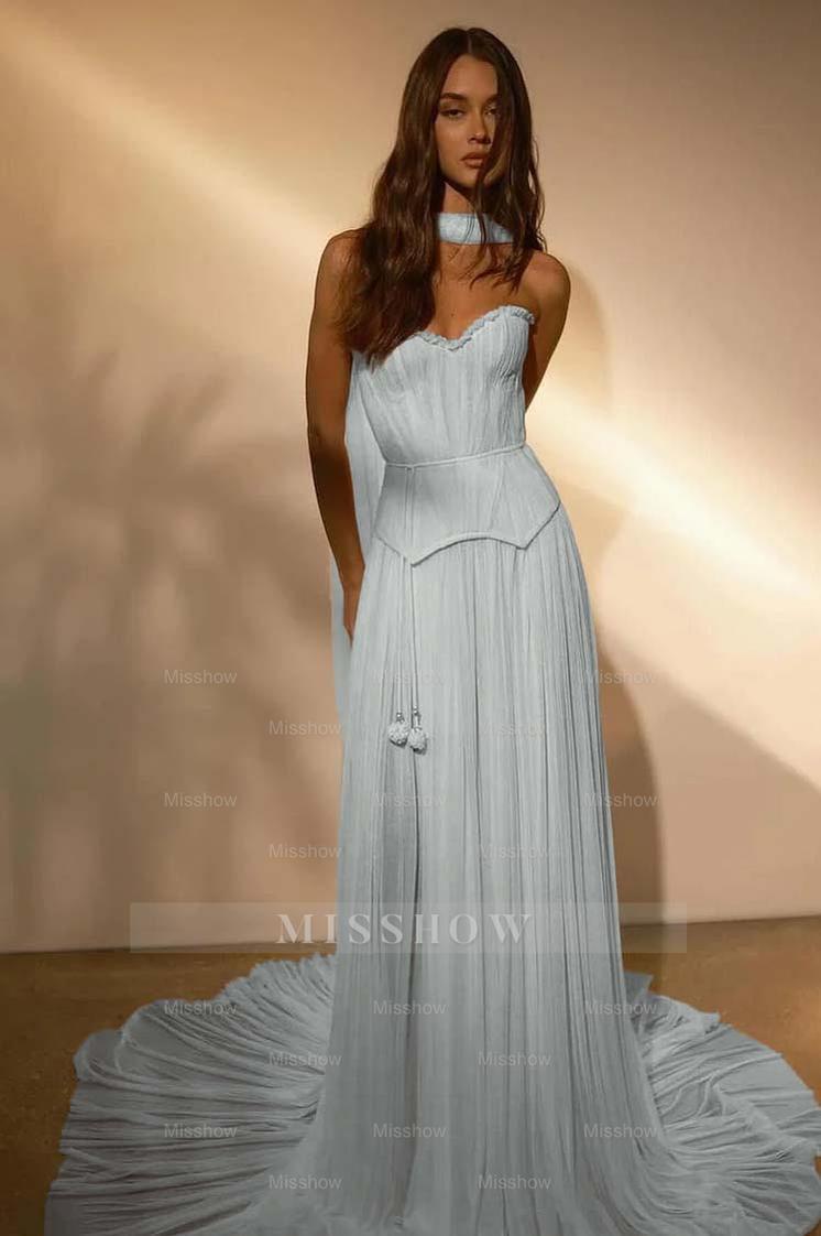 Chiffon Strapless Sleeveless Long Formal Dress With Belt Ruffles