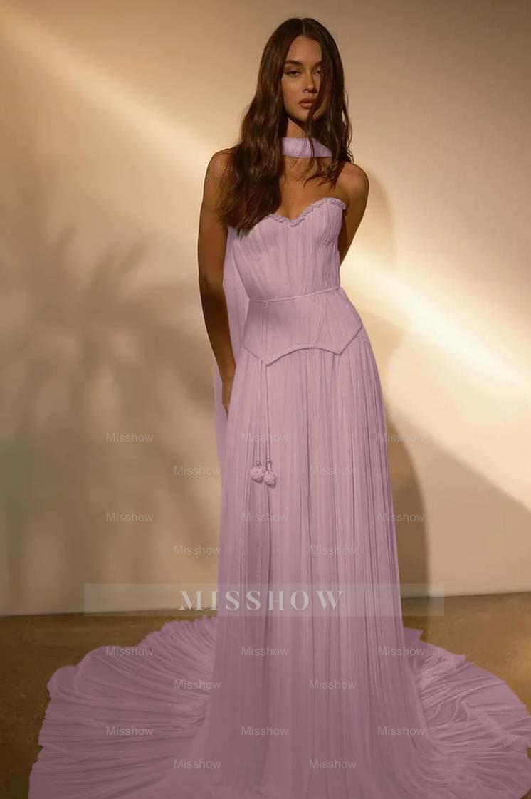 Chiffon Strapless Sleeveless Long Formal Dress With Belt Ruffles
