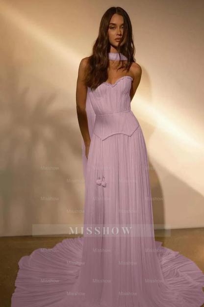 Chiffon Strapless Sleeveless Long Formal Dress With Belt Ruffles