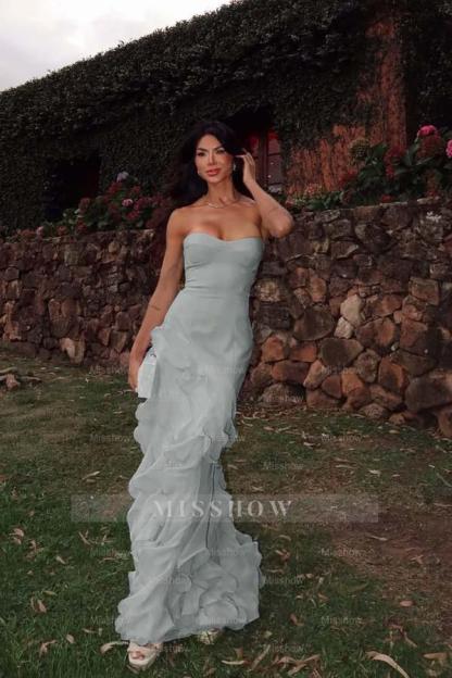 Chiffon Sweetheart Strapless Sleeveless Long Formal Dress With Ruffles