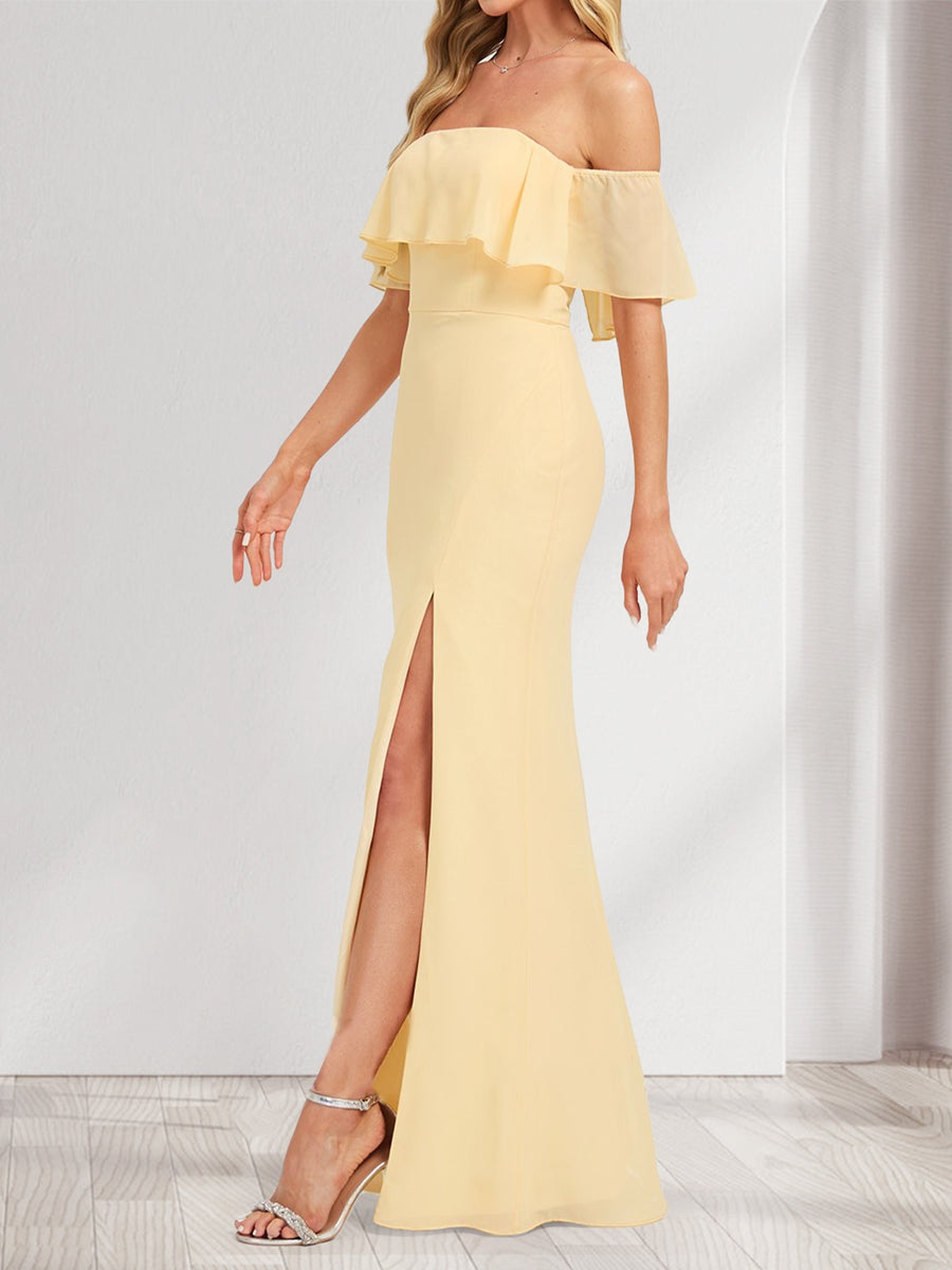 Chiffon Trumpet Mermaid Off the Shoulder Floor Length Bridesmaid Dress With Ruffles Split Side