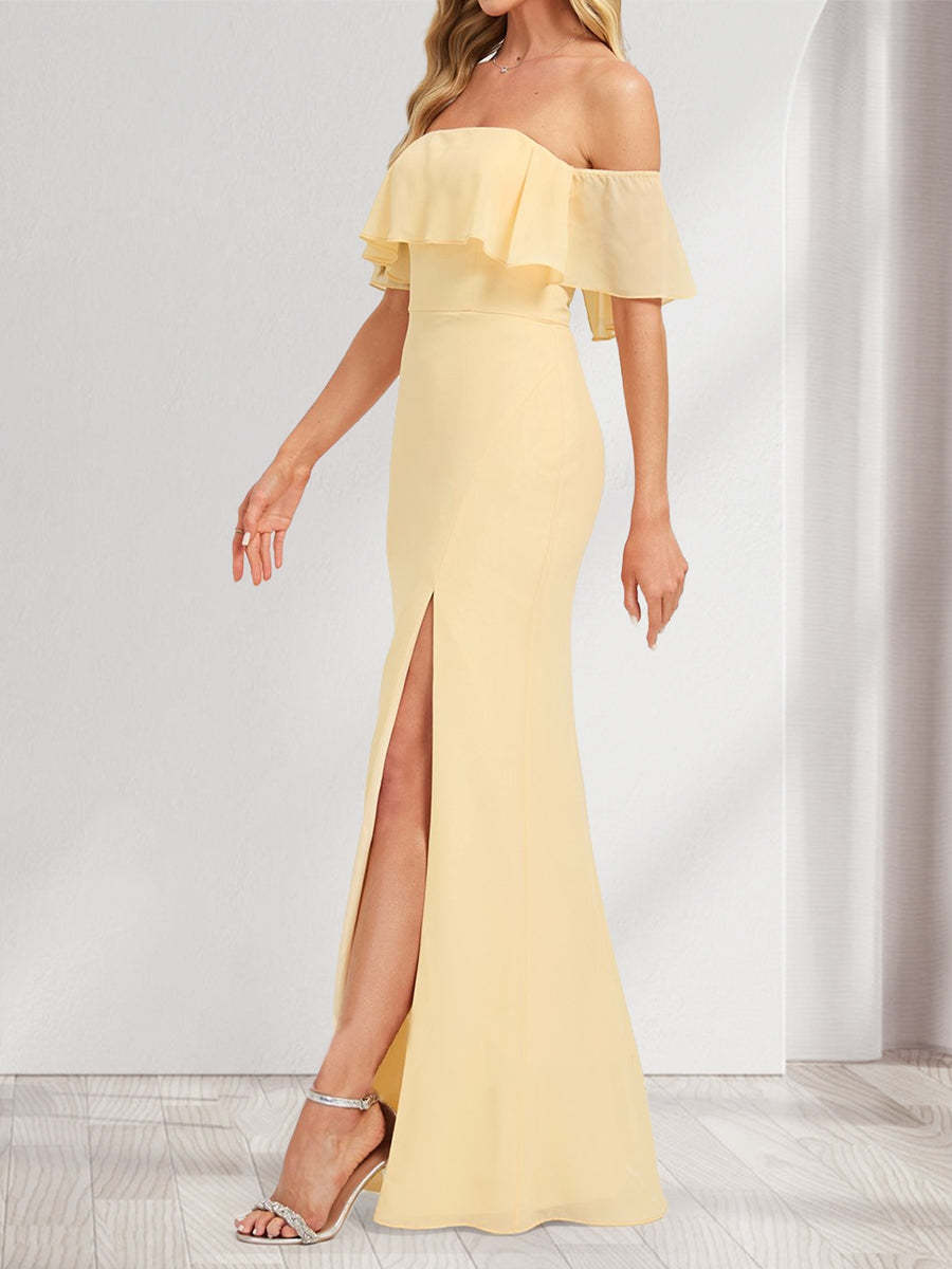 Chiffon Trumpet Mermaid Off the Shoulder Floor Length Bridesmaid Dress With Ruffles Split Side