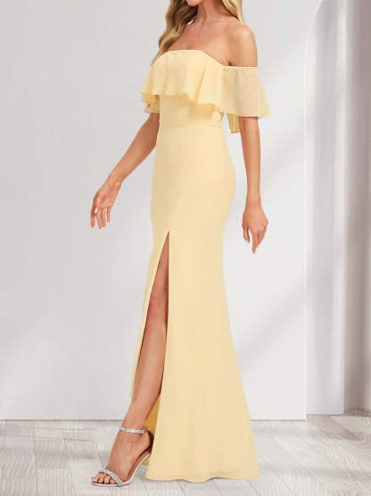 Chiffon Trumpet Mermaid Off the Shoulder Floor Length Bridesmaid Dress With Ruffles Split Side