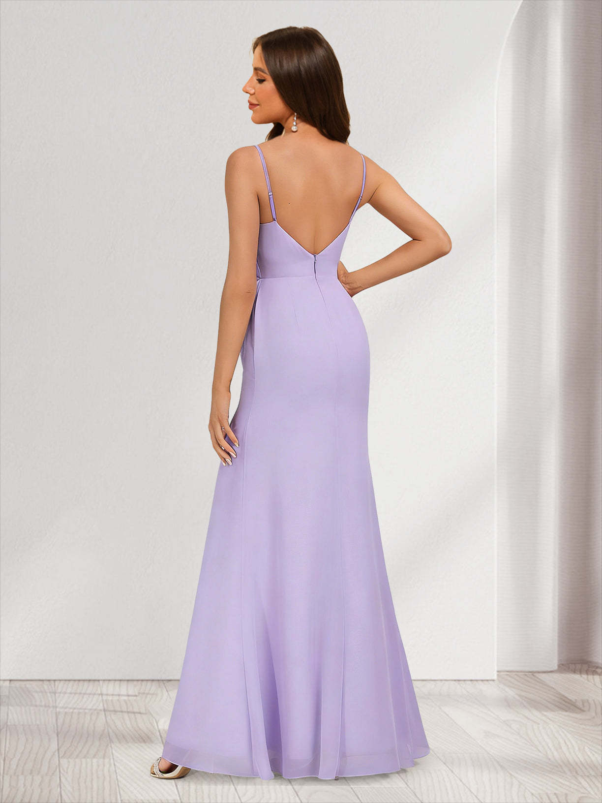 Chiffon Trumpet Mermaid V Neck Sleeveless Bridesmaid Dresses with Split Side Ruffles