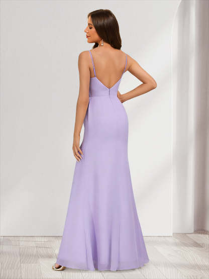 Chiffon Trumpet Mermaid V Neck Sleeveless Bridesmaid Dresses with Split Side Ruffles
