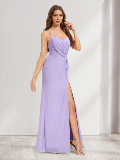 Chiffon Trumpet Mermaid V Neck Sleeveless Bridesmaid Dresses with Split Side Ruffles