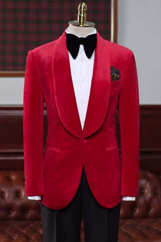 Dashing Red Velvet Shawl Lapel Wedding Suit For Men