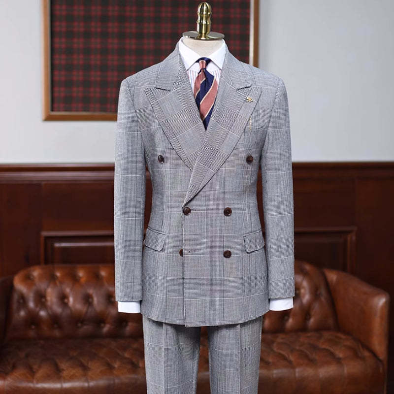 Refined Gray Checkered Peak Lapel Double-Breasted Business Suit