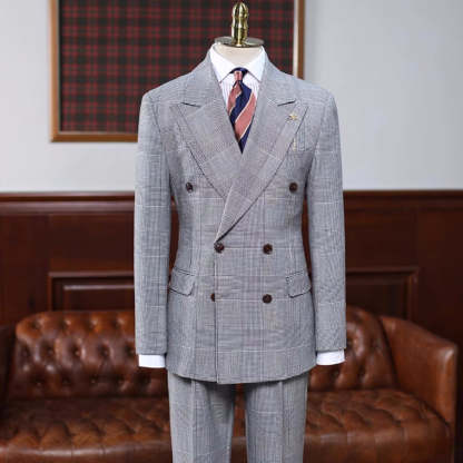 Refined Gray Checkered Peak Lapel Double-Breasted Business Suit