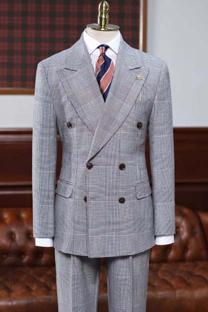 Refined Gray Checkered Peak Lapel Double-Breasted Business Suit