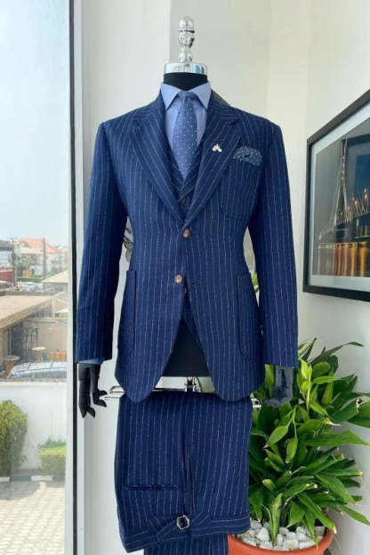 Dark Blue Striped Notched Lapel Three-Piece Bespoke Business Suit