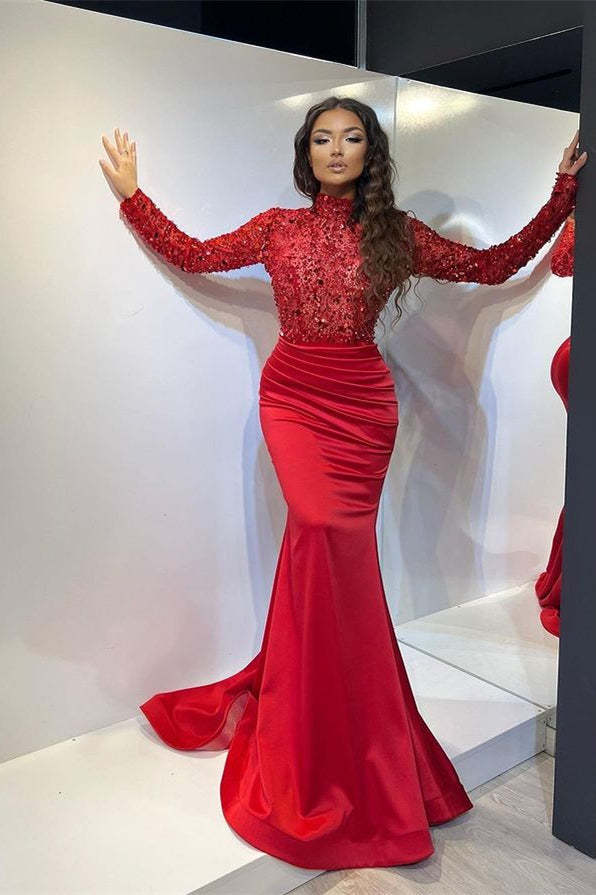 Classic Red Long Mermaid Formal Dress Pleated With Long Sleeves