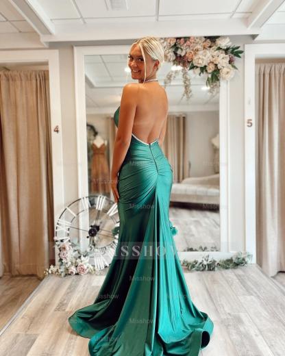 Classy Dark Green Halter Sleeveless Backless Mermaid Prom Dress with Rhinestones