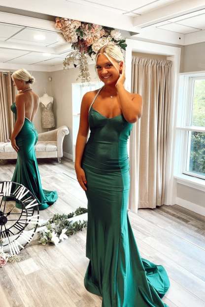 Classy Dark Green Halter Sleeveless Backless Mermaid Prom Dress with Rhinestones