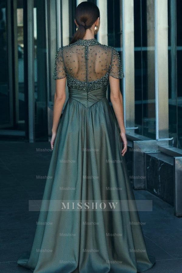 Classy Dark Green High Neck Short Sleeves A-Line Formal Dress with Rhinestones and Beadings