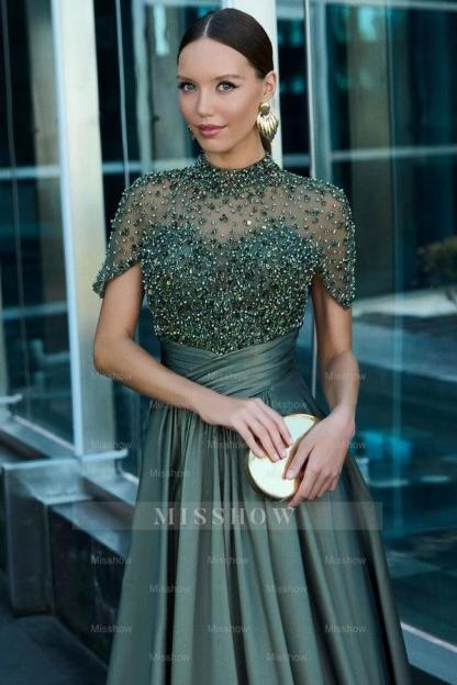 Classy Dark Green High Neck Short Sleeves A-Line Formal Dress with Rhinestones and Beadings