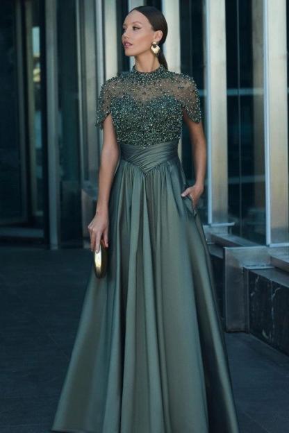 Classy Dark Green High Neck Short Sleeves A-Line Formal Dress with Rhinestones and Beadings