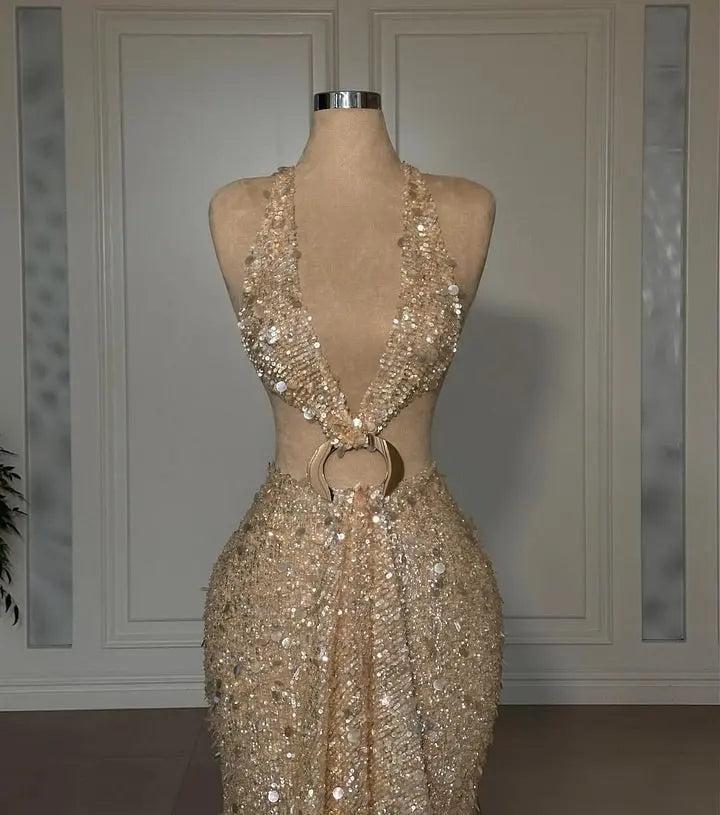 Classy Gold Halter Backless Sequins Sparkly Sleeveless Evening Dress