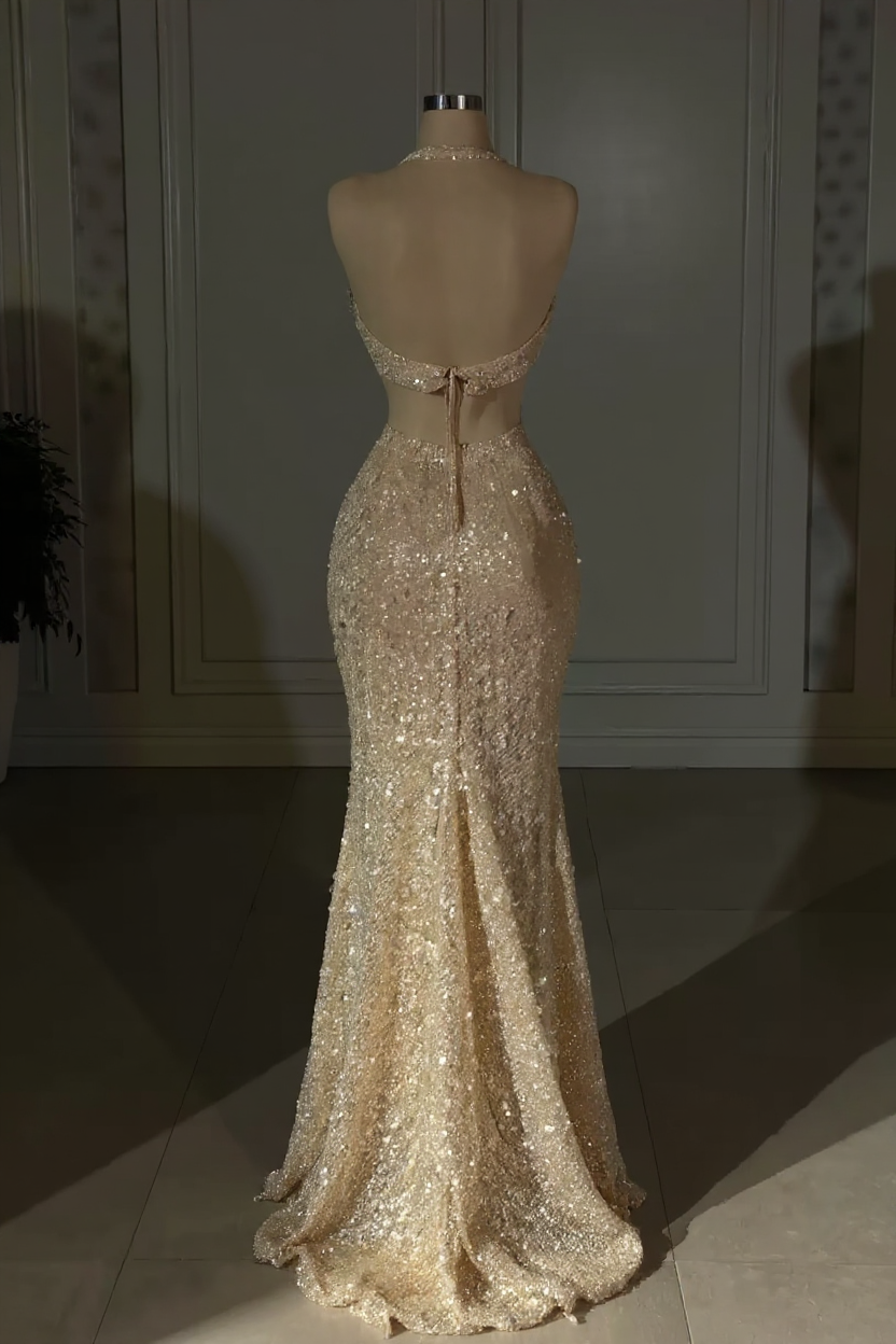 Classy Gold Halter Backless Sequins Sparkly Sleeveless Evening Dress