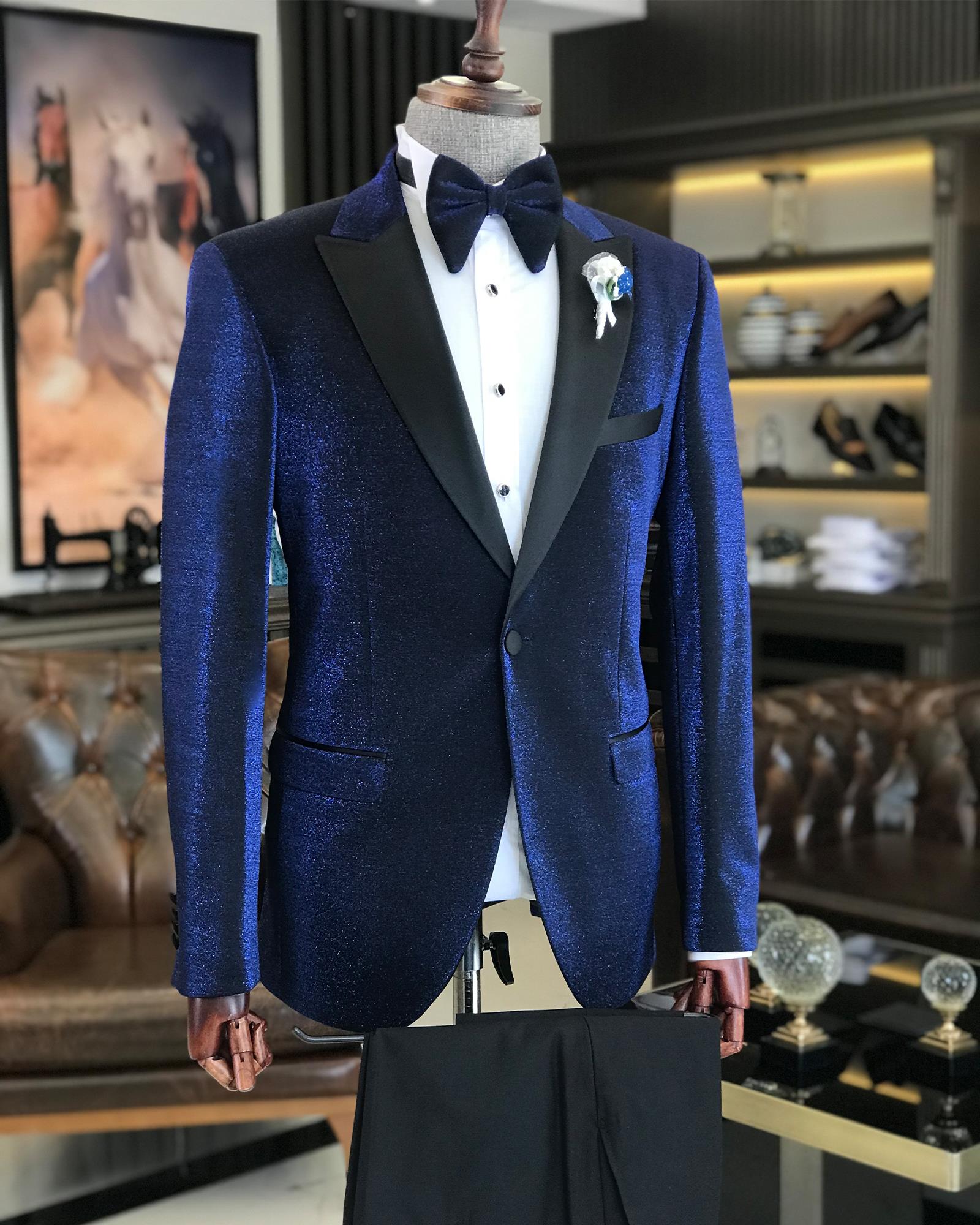 Stylish Deep Blue Peaked Lapel Prom Suit Ensemble for Men