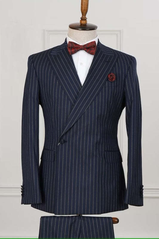 Formal Midnight Navy Peak Lapel Striped Custom Business Suit