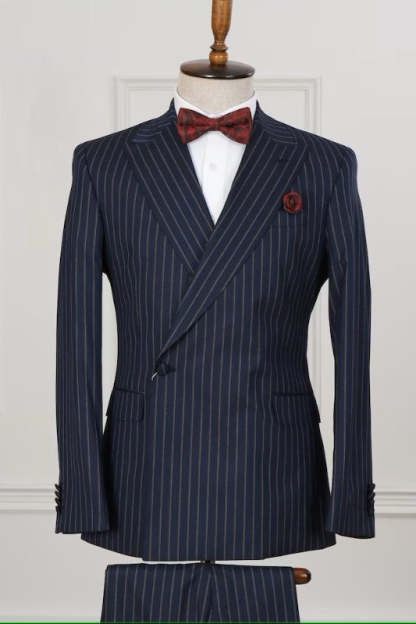 Formal Midnight Navy Peak Lapel Striped Custom Business Suit
