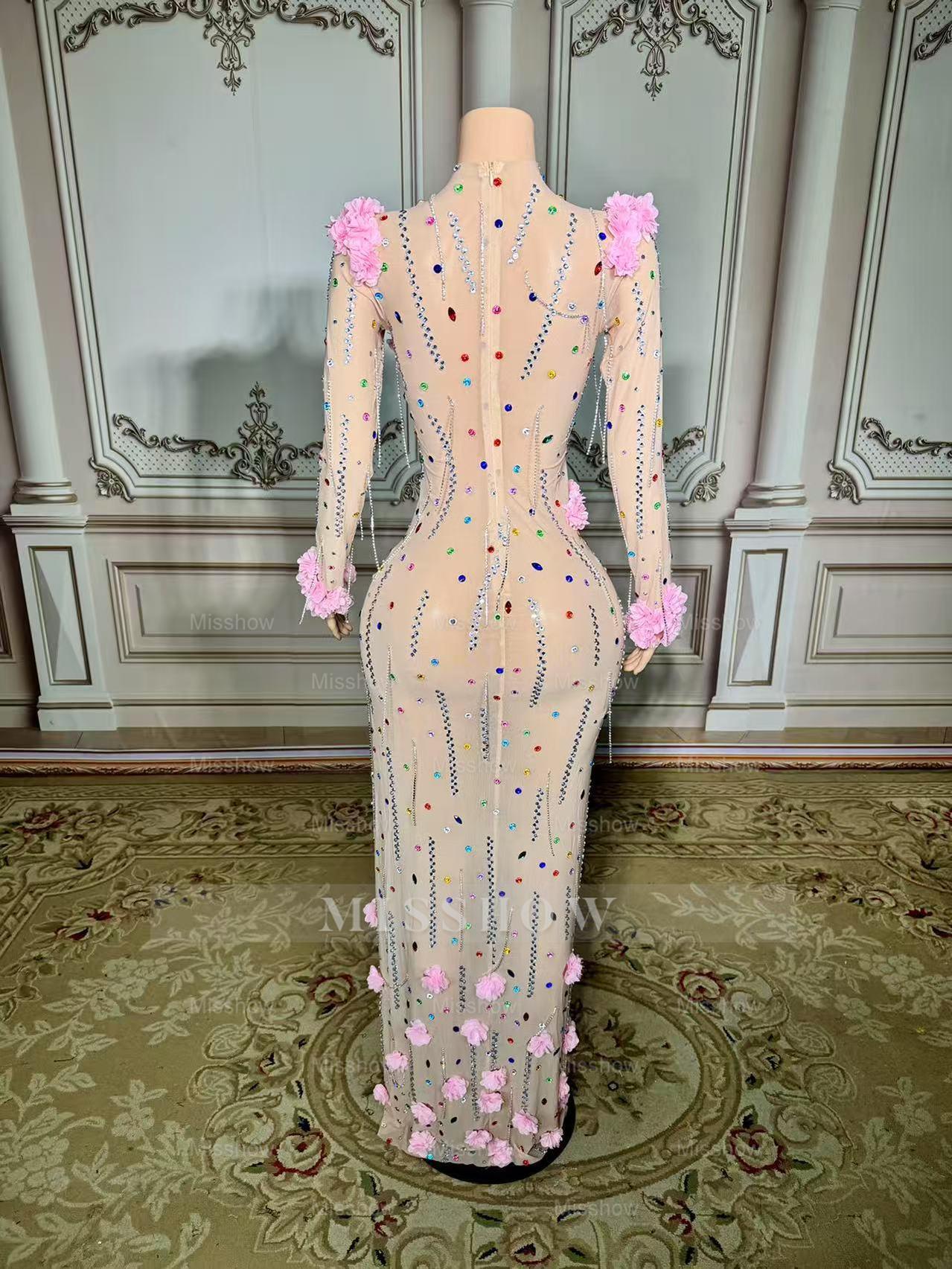 Colorful Mermaid High-Neck 3D Flowers Beaded Long Sleeves Front Slit Tulle Long Prom Dresses With Rhinestones