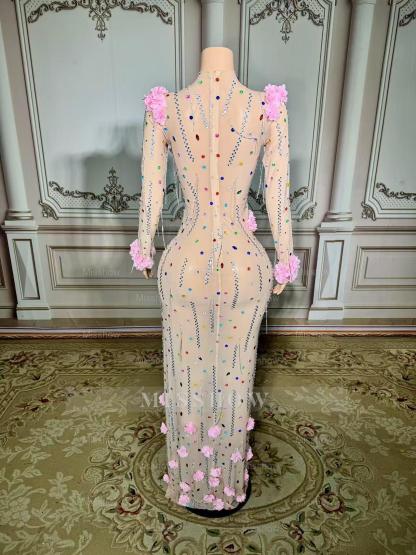 Colorful Mermaid High-Neck 3D Flowers Beaded Long Sleeves Front Slit Tulle Long Prom Dresses With Rhinestones