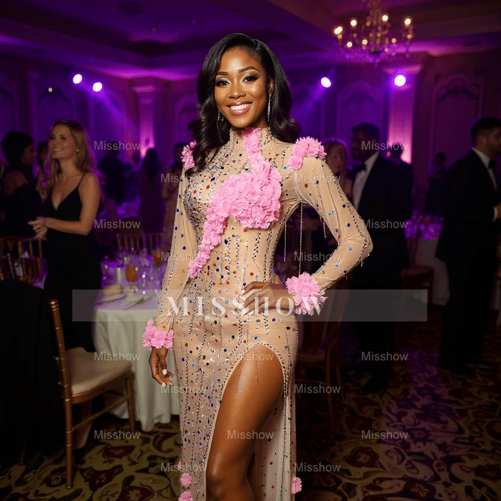 Colorful Mermaid High-Neck 3D Flowers Beaded Long Sleeves Front Slit Tulle Long Prom Dresses With Rhinestones