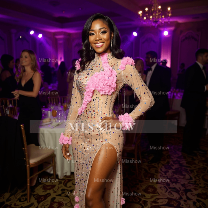 Colorful Mermaid High-Neck 3D Flowers Beaded Long Sleeves Front Slit Tulle Long Prom Dresses With Rhinestones