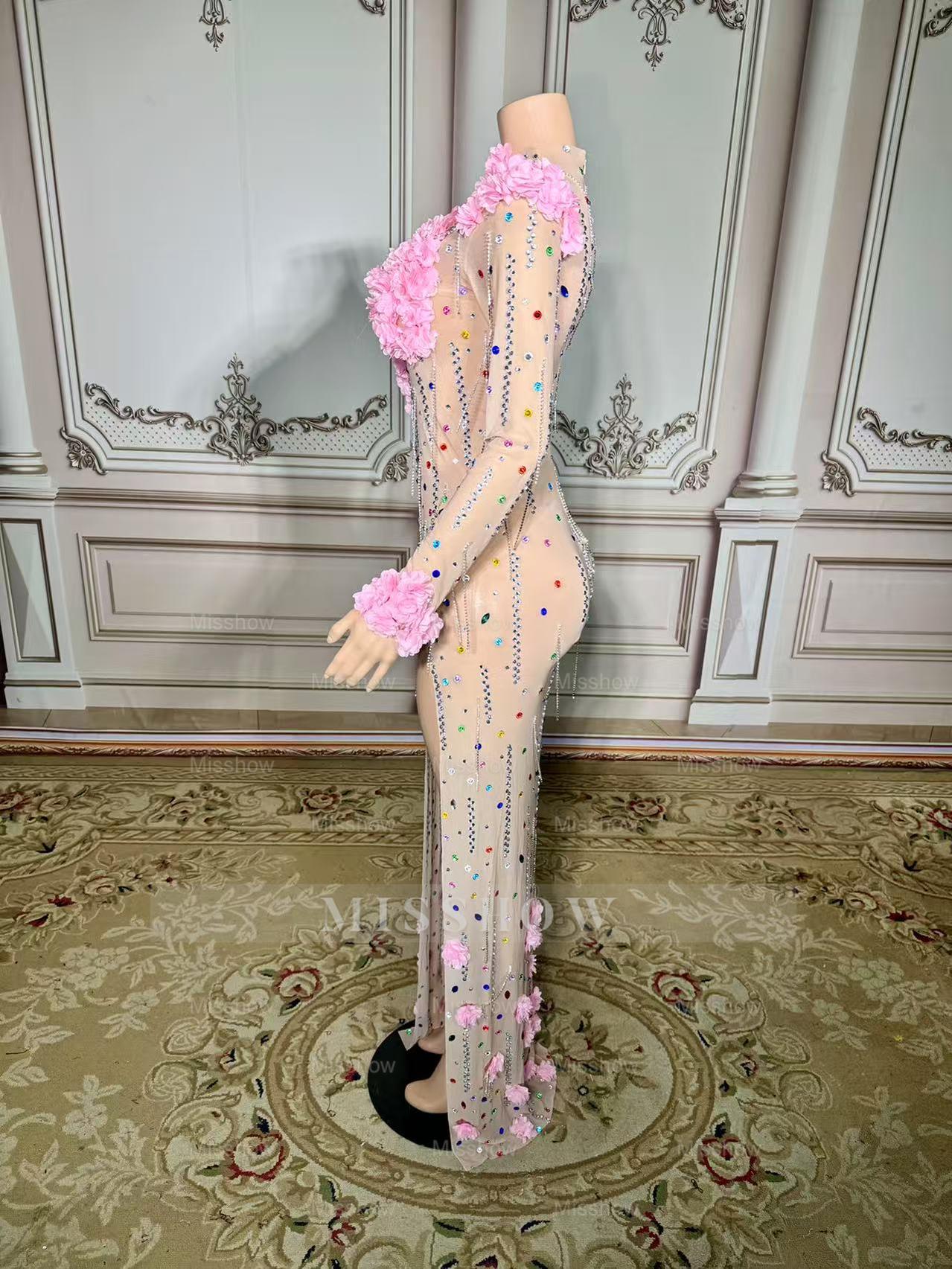 Colorful Mermaid High-Neck 3D Flowers Beaded Long Sleeves Front Slit Tulle Long Prom Dresses With Rhinestones