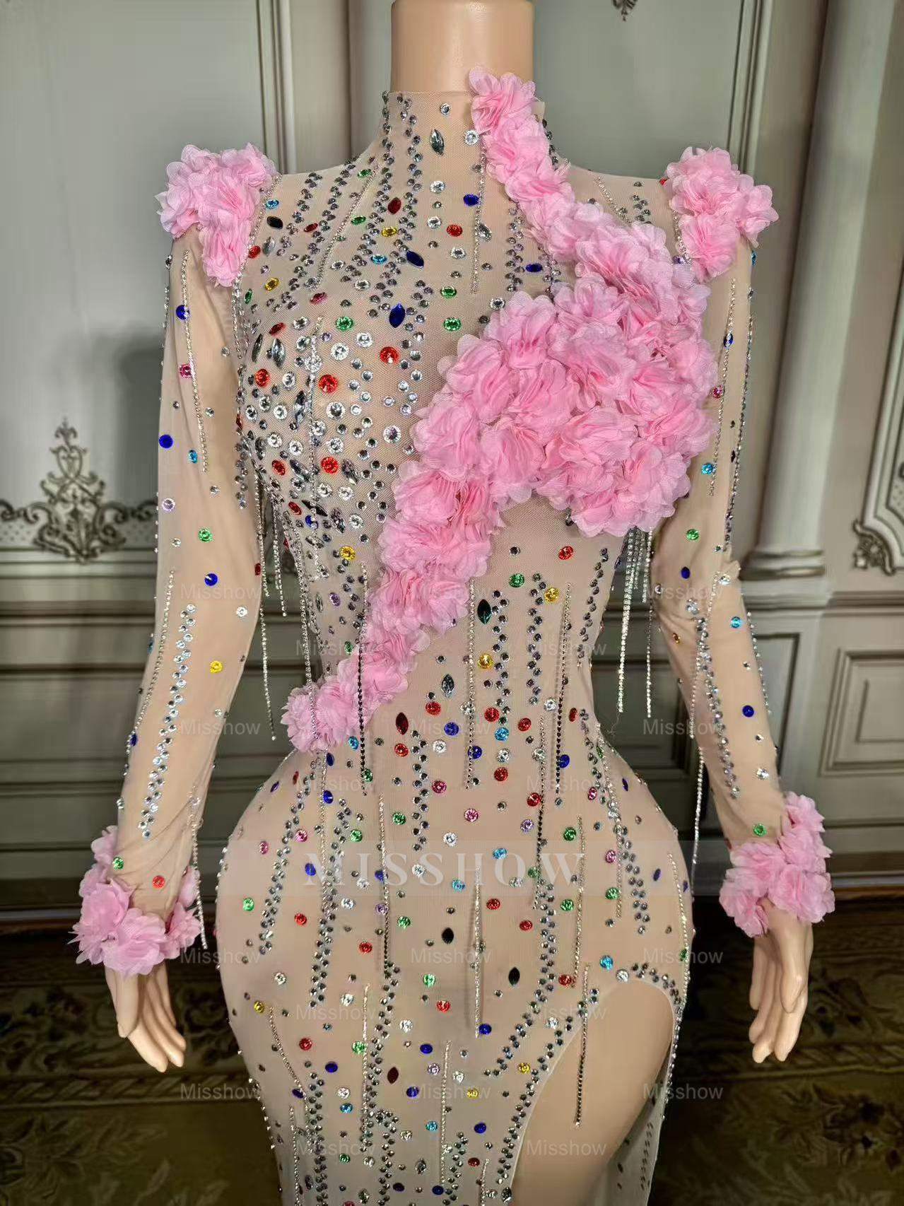 Colorful Mermaid High-Neck 3D Flowers Beaded Long Sleeves Front Slit Tulle Long Prom Dresses With Rhinestones