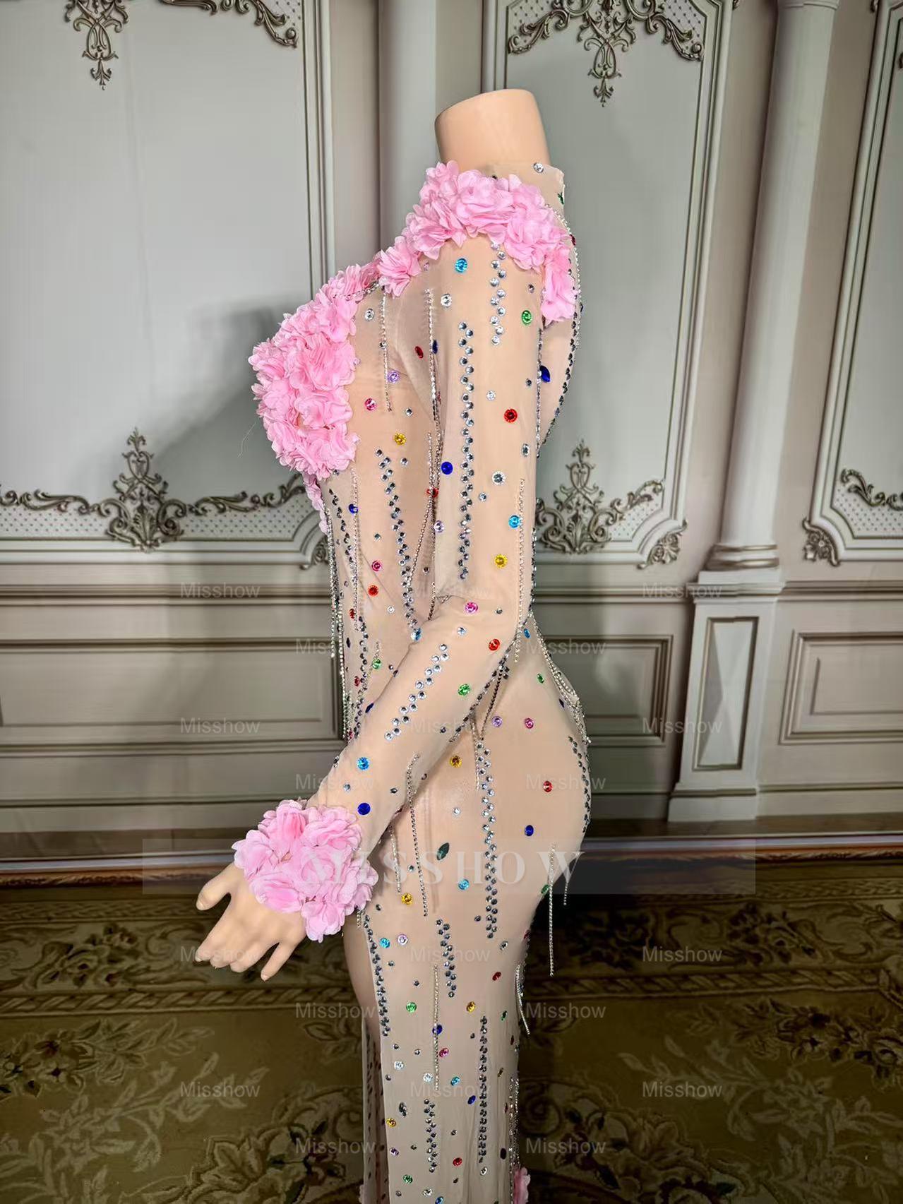 Colorful Mermaid High-Neck 3D Flowers Beaded Long Sleeves Front Slit Tulle Long Prom Dresses With Rhinestones