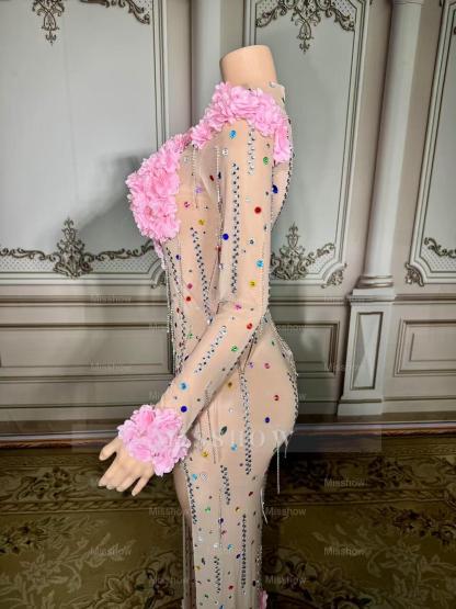 Colorful Mermaid High-Neck 3D Flowers Beaded Long Sleeves Front Slit Tulle Long Prom Dresses With Rhinestones