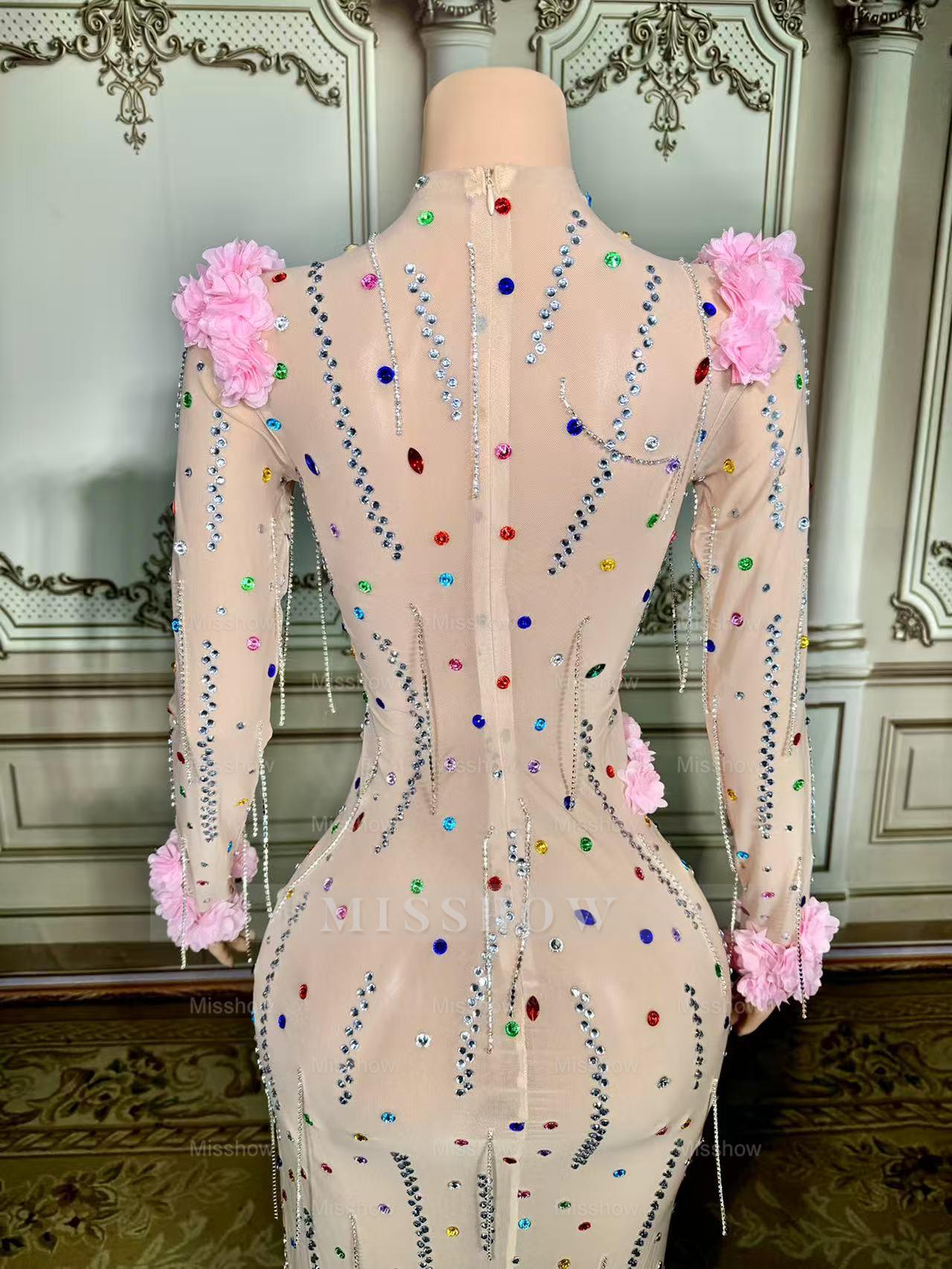 Colorful Mermaid High-Neck 3D Flowers Beaded Long Sleeves Front Slit Tulle Long Prom Dresses With Rhinestones