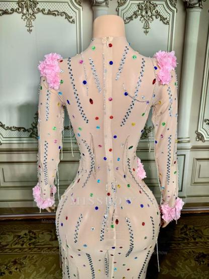 Colorful Mermaid High-Neck 3D Flowers Beaded Long Sleeves Front Slit Tulle Long Prom Dresses With Rhinestones