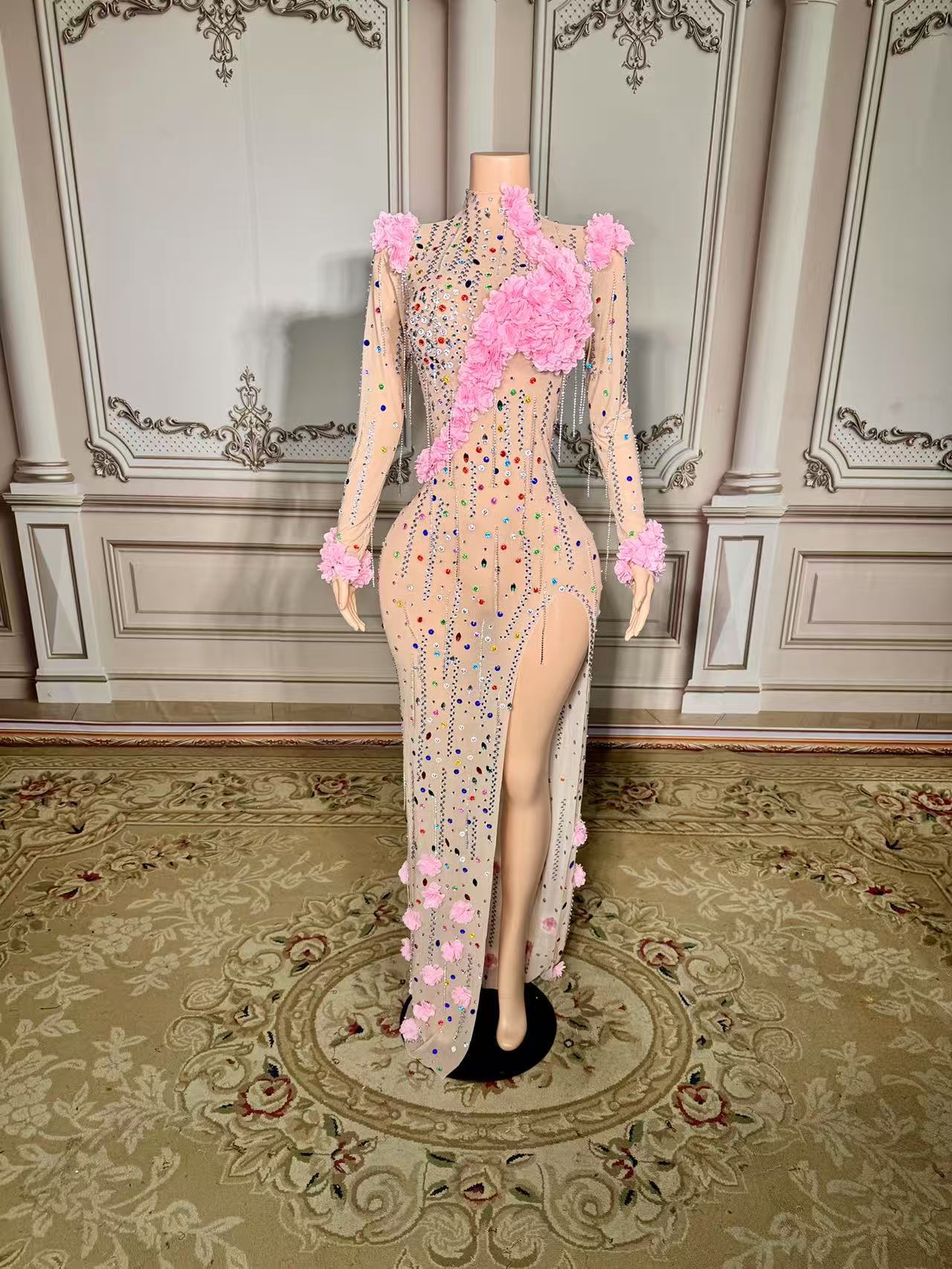 Colorful Mermaid High-Neck 3D Flowers Beaded Long Sleeves Front Slit Tulle Long Prom Dresses With Rhinestones