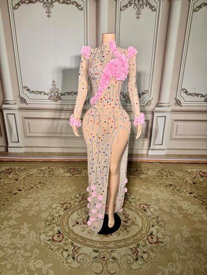 Colorful Mermaid High-Neck 3D Flowers Beaded Long Sleeves Front Slit Tulle Long Prom Dresses With Rhinestones