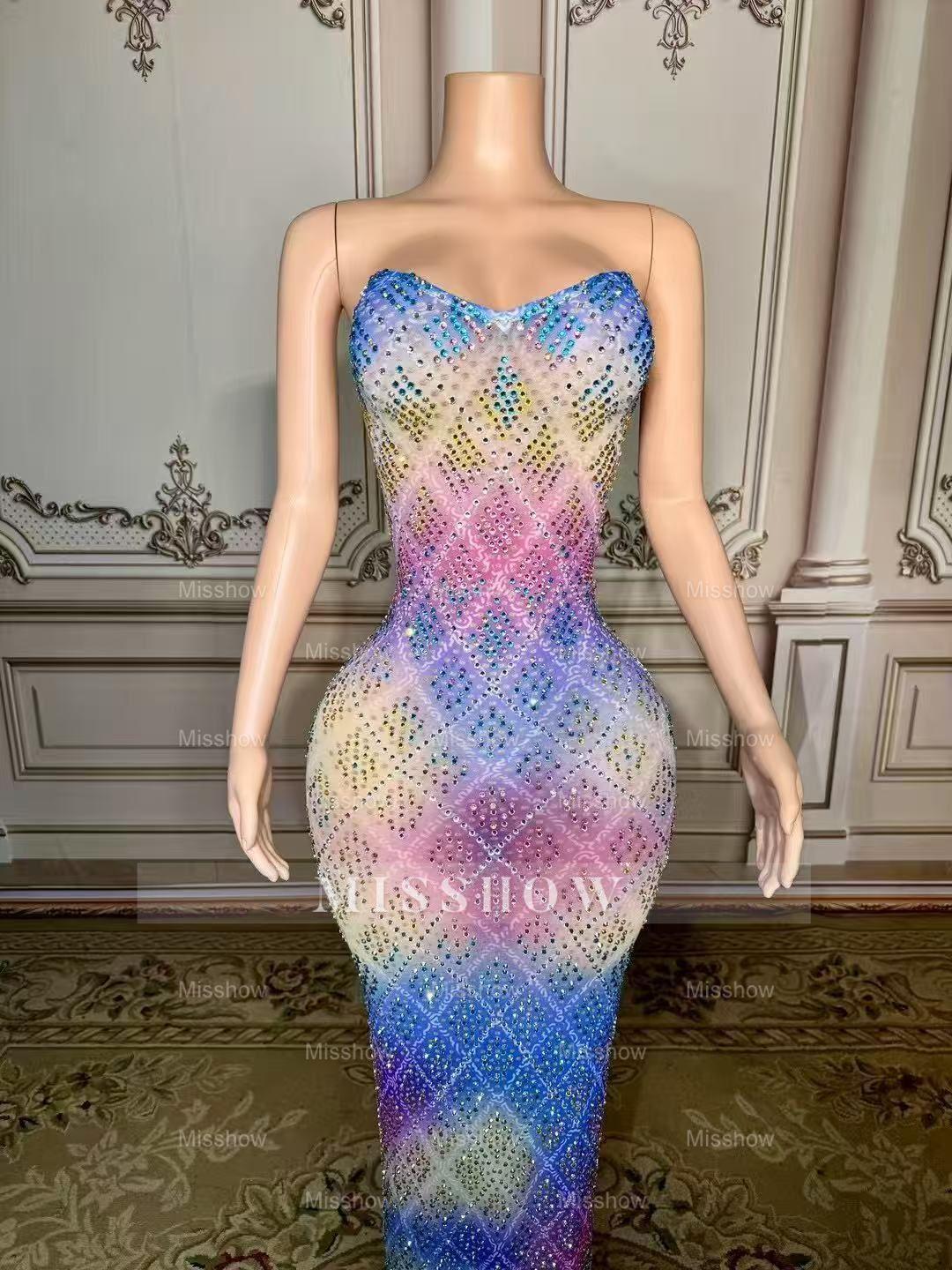 Colorful Sweetheart Column Beaded Sleeveless Floor-Length Slit Tulle Prom Dresses With Rhinestones