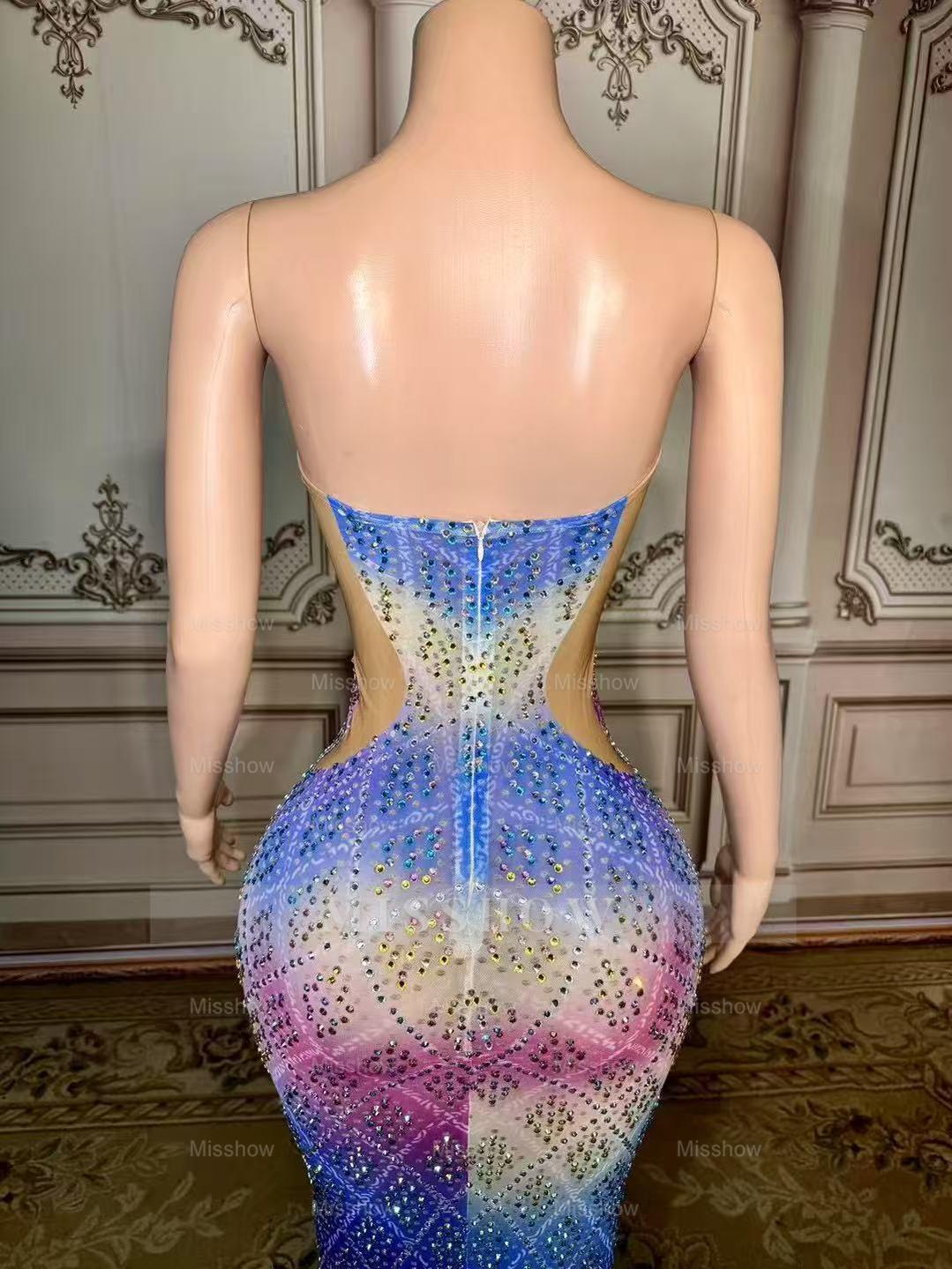 Colorful Sweetheart Column Beaded Sleeveless Floor-Length Slit Tulle Prom Dresses With Rhinestones