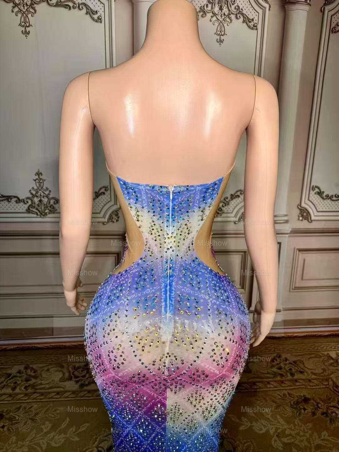 Colorful Sweetheart Column Beaded Sleeveless Floor-Length Slit Tulle Prom Dresses With Rhinestones