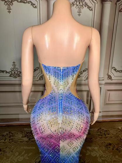 Colorful Sweetheart Column Beaded Sleeveless Floor-Length Slit Tulle Prom Dresses With Rhinestones