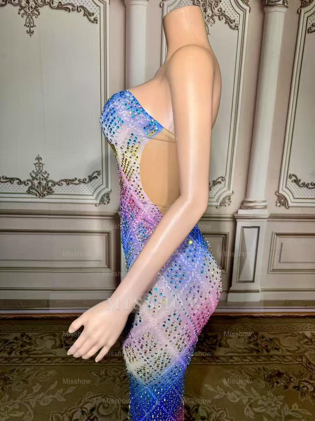 Colorful Sweetheart Column Beaded Sleeveless Floor-Length Slit Tulle Prom Dresses With Rhinestones