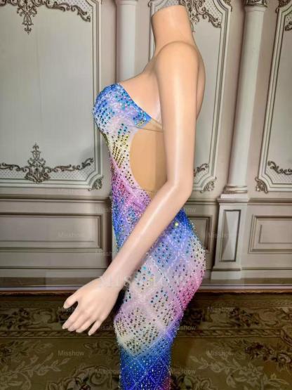 Colorful Sweetheart Column Beaded Sleeveless Floor-Length Slit Tulle Prom Dresses With Rhinestones