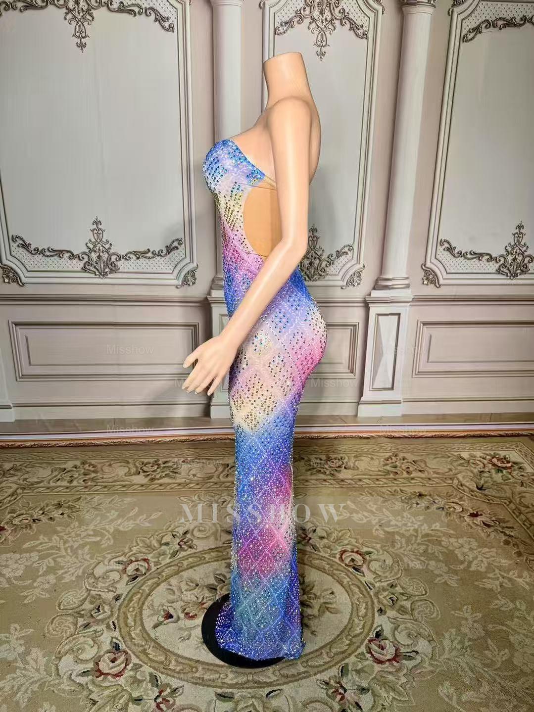 Colorful Sweetheart Column Beaded Sleeveless Floor-Length Slit Tulle Prom Dresses With Rhinestones