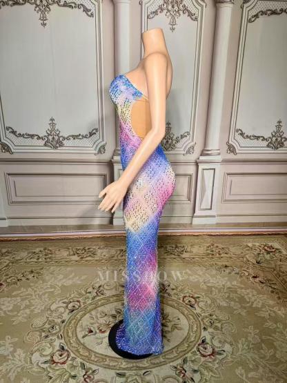 Colorful Sweetheart Column Beaded Sleeveless Floor-Length Slit Tulle Prom Dresses With Rhinestones