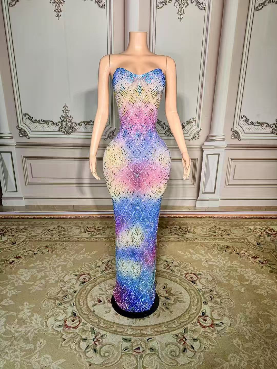 Colorful Sweetheart Column Beaded Sleeveless Floor-Length Slit Tulle Prom Dresses With Rhinestones